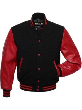 Men’s Black Red Genuine Leather Sleeve Varsity Letterman Jacket